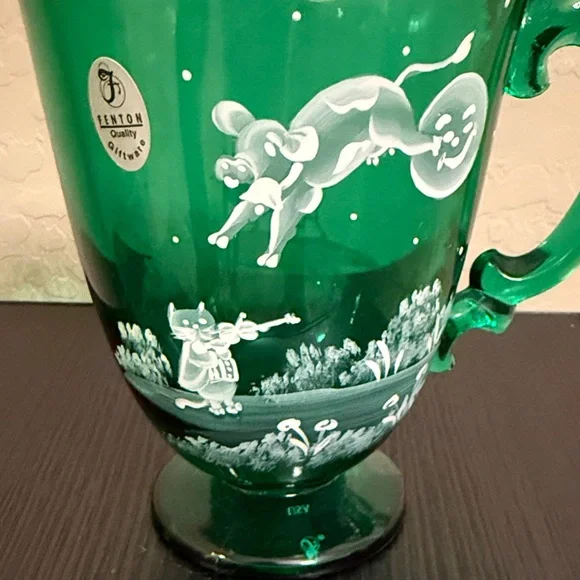 Fenton Green Glass Pitcher with Whimsical White Design - Picture 2 of 10
